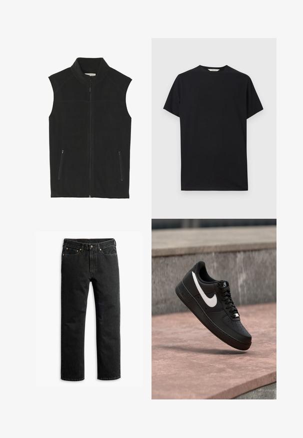 Schwarze Fleeceweste mit hohem Kragen, Frontreißverschluss und zwei seitlichen Reißverschlusstaschen; zeichnet sich durch eine glatte Textur und eine körpernahe Passform aus.; Schwarzes T-Shirt mit kurzen Ärmeln aus weichem Baumwollstoff. Rundhalsausschnitt mit lockerer Passform, das saubere, einfache Linien aufweist und keine sichtbaren Muster hat.; Schwarze Jeans im geraden Schnitt mit fünf Taschen, Gürtelschlaufen und einem Knopfverschluss an der Taille, flach auf einem weißen Hintergrund ausgelegt.; Schwarzer Nike Air Force 1 Sneaker mit weißem Swoosh-Logo, der über einer Steinformation schwebt, vor einem grauen strukturierten Hintergrund.