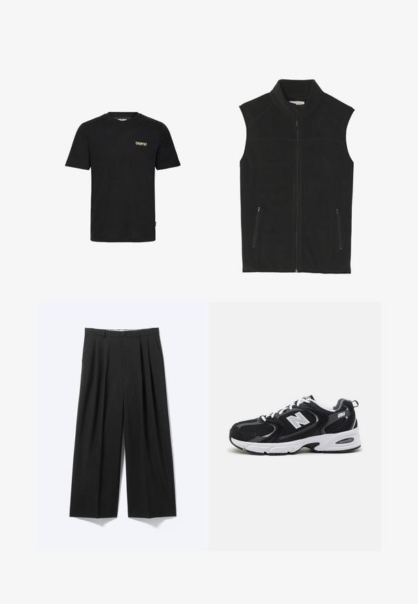 Gilet polaire noir avec col montant, fermeture éclair à l'avant et deux poches latérales zippées ; doté d'une texture lisse et d'une coupe ajustée.; T-shirt en coton noir à manches courtes, col en V, avec un logo discret de couleur brun clair sur le côté gauche de la poitrine. Texture douce, coupe classique.; Pantalon noir à jambes larges avec plis sur le devant, passants pour ceinture et fermeture à bouton, présenté sur un fond clair uni.; Baskets de sport noires et grises avec un tige en mesh et en suède, présentant une semelle intermédiaire blanche, des lacets et un logo "N" audacieux sur le côté.