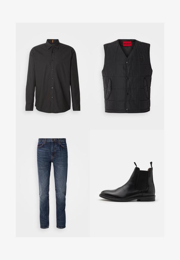 Chaleco acolchado negro con diseño de escote en V, que presenta botones a presión, dos bolsillos laterales y una etiqueta roja en contraste en el interior. Tejido texturizado.; Camisa negra de manga larga hecha de tejido ligero. Presenta un cuello abotonado, botones en el frente y un logo bordado en el pecho.; Jeans de mezclilla azul oscuro con un diseño de pierna recta, cinco bolsillos y costuras en contraste. Textura ligeramente desgastada con un ajuste clásico.; Botín Chelsea de piel negra con paneles laterales elásticos, puntera redondeada, tiradores y tacón bajo apilado. Textura suave y diseño clásico.