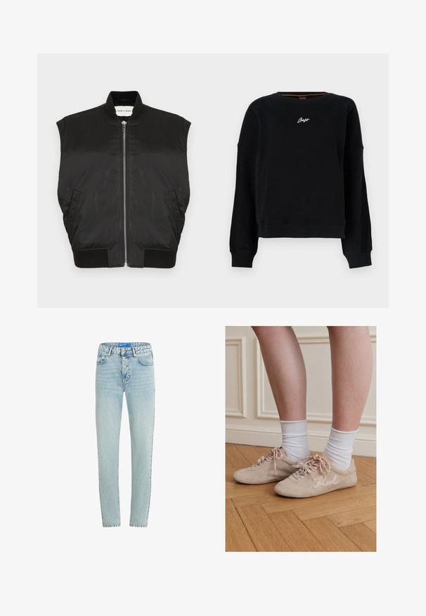 Sort ærmeløs jakke i et glat stof med høj hals, lynlås foran, samt ribbet kant og armåbninger. Inkluderer to sidelommer.; Sort langærmet sweatshirt med ribbede manchetter og kant, med lille hvid "Boss"-logo centreret på brystet.; Lysblå denimjeans med lige pasform, fem lommer og knaplukning. Har slidte områder og forstærket syning ved sømmene.; Ben iført hvide sokker og beige ruskindssneakers med lyserøde og beige snørebånd, stående på trægulv mod hvid vægpanel.