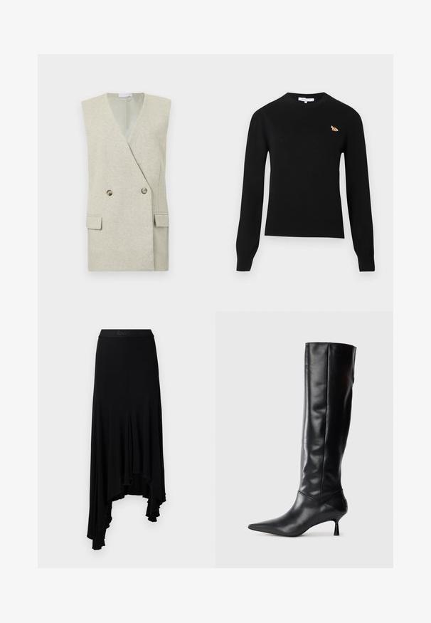 Lysegrå, ærmeløs vest med hakrevers, dobbeltradede knapper, to forlommer og en tekstureret finish.; Sort langærmet sweater med rund hals og et lille broderet orange ræveemblem på venstre bryst.; Sort asymmetrisk nederdel med en bølget kant, lavet af blødt, strækbart materiale, med en bred taljebånd med præget branding.; Sorte læder knæhøje støvler med spids tå og slank buet hæl. Glat tekstur, tætsiddende design og ingen synlig hardware eller mønstre.