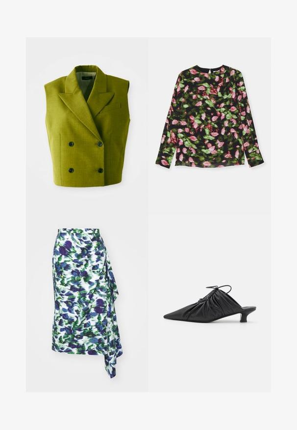 Ärmelloses, doppelt geknöpftes, olivgrünes Blazer mit Spitzenrevers und vier schwarzen Knöpfen vor einem weißen Hintergrund.; Langärmliges Oberteil aus schwarzem Stoff mit floralen Mustern in Pink und Grün. Rundhalsausschnitt mit einem leichten Faltendetail.; Blumiger Wickelrock in Weiß mit blauen und grünen Farbspritzern, aus weichem Stoff, asymmetrischem Saum und Drapierung an der Seite.; Schwarze Leder-Mules zum Hineinschlüpfen mit spitzer Zehe, geraffter Textur und kleinem Kitten-Heel. Verfügt über ein Zugbanddetail am Öffnung.