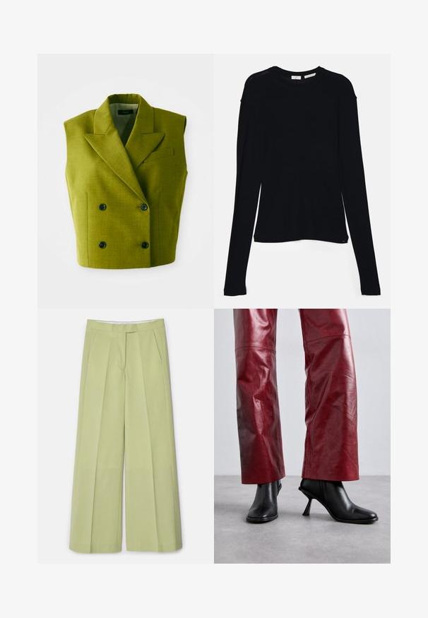 Sømløs dobbeltbrystet olivengrøn blazer med spidse lapeller og fire sorte knapper på hvid baggrund.; Sort langærmet bluse lavet af blødt stof, med rund halsudskæring og en afslappet pasform med sideslids i kanten for nem bevægelse.; Lys grønne brede bukser i glat stof, med frontfolder, to sidelommer og lige snit.; Sorte ankelstøvler med højhælede og spidse tæer, i en vinkelret design, parret med højtaljede røde læderbukser med et subtilt mønster.