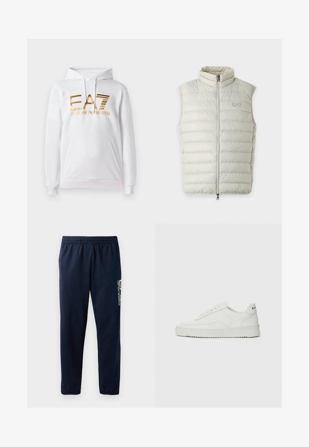 Lysegrå ærmeløs dunvest med lynlås foran og høj hals, med EA7 Emporio Armani-logo på venstre bryst.; Hvid hoodie med en forlommes, der har et guldmetallic logo med teksten "EA7 EMPORIO ARMANI." Blødt stof og ribbede manchetter.; Marineblå sweatpants med elastisk talje, tætsiddende ben og et hvidt logo på siden. Glat stof med en let tekstur.; Hvide lædersneakers med en glat overflade, rund tå, flade snørebånd og en tekstureret sål. Har et diskret logo på hælen.