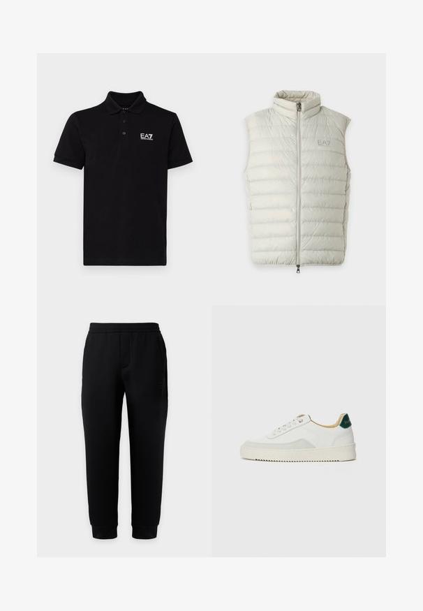 Lichtgrijze mouwloze gewatteerde bodywarmer met ritssluiting aan de voorkant en opstaande kraag, met het EA7 Emporio Armani-logo op de linkerborst.; Zwarte polo shirt van katoen met een klassieke kraag, drie knopen, en een wit EA7-logo op de linkerborst. Korte mouwen.; Zwarte taps toelopende joggingbroek met elastische tailleband en boorden, zijzakken en subtiel logo op de rechterdij tegen een effen achtergrond.; Witte sneaker met suède accenten, ronde neus, platte veters en een crème rubberen zool. Bevat groene branding op de hiel.