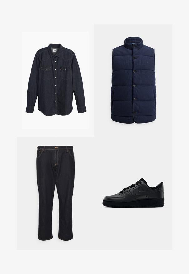 Marineblaue Steppweste mit gestepptem Muster, hohem Kragen, vorderer Knopfverschluss und Seitentaschen. Leichtgewichtiges und lässiges Design.; Dunkelblauses Denim-Hemd mit langen Ärmeln und spitzem Kragen, zwei Brusttaschen, weißen Knöpfen und kontrastierendem gelbem Stich. Glattes, robustes Material.; Jack & Jones JJICHRIS JJORIGINAL - Jeans Relaxed Fit - blue denim; Schwarzer Nike Air Force 1 Schuh mit einem glatten Lederoberteil, perforierter Zehenpartie für Atmungsaktivität, schwarzen Schnürsenkeln und einer strukturierten Gummisohle.