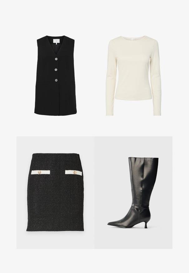 Chaleco negro sin mangas con tres botones frontales y dos bolsillos frontales en forma de hendidura, con cuello en V y corte ajustado.; Camisa de mujer ajustada de manga larga en color crema, con cuello redondo y textura suave, exhibida sobre un fondo blanco.; Falda de tweed negro con tejido texturizado y un diseño ajustado. Presenta dos acentos de bolsillo blancos con botones en tono dorado.; Bota negra de cuero hasta la rodilla, con punta afilada y tacón bajo tipo kitten, mostrada sobre un fondo claro y sencillo.