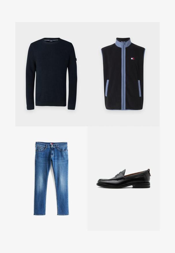 Musta fleece-takki, jossa on korkea kaulus, vaaleansiniset yksityiskohdat ja taskut, etupitkä vetoketjusulkeminen ja pieni logo rinnassa.; Tummansininen neulepusero, jossa on ribbikuvio, pyöreä kaula-aukko, pitkät hihat ja hienovarainen logopatchi vasemmassa hihassa.; Siniset slim-fit farkut, joissa on kevyttä haalistumista reisissä, etuvetoketju, napp closure ja viisi taskua, mukaan lukien pieni bränditasku.; Miesten musta nahka loafer mokkakengännissäpäällysteisesti, pennihihnalla, teksturoidulla kauluksella ja matalalla pinotulla korolla valkoisella taustalla.
