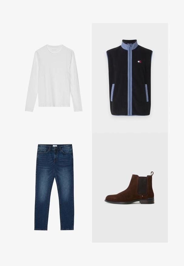 Sort fleece vest med høj krave, prydet med lyseblå detaljer og lommer, lynlåslukning foran, og et lille logo på brystet.; Langærmet hvid T-shirt lavet af blød bomuld, med rund halsudskæring og en glat tekstur uden synlige mønstre eller accenter.; Mørkeblå slim-fit jeans med falmede detaljer, klassisk fem-lomme design, knappelukning og bæltestropper.; Brune ruskinds Chelsea støvle med elastiske sidepaneler, rund tå og en lille strop bagpå; sort gummisål med subtil tekstur.