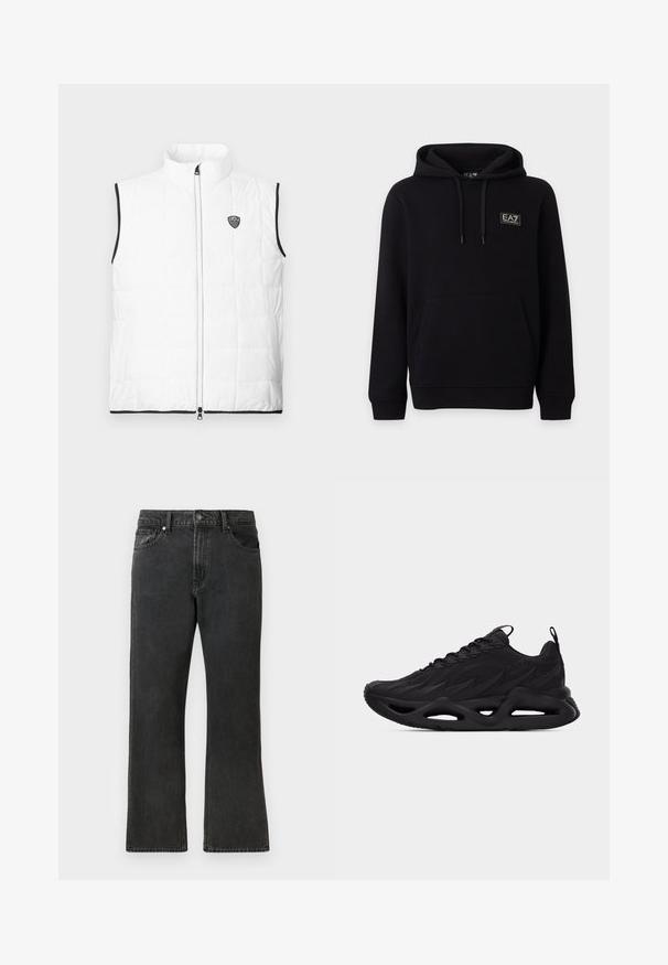 Witte mouwloze gewatteerde bodywarmer met een opstaande kraag, zwarte biezen bij de armgaten en zoom, een rits aan de voorkant en een klein EA7-logo op de borst.; Zwarte hoodie met voorzak en EA7 Emporio Armani-logo op de borst, getoond op een effen lichte achtergrond.; Zwarte denim jeans met een rechte pasvorm, met een middelhoge taille, vijf zakken en een knoopsluiting. Subtiele vervaagde textuur overal.; Zwarte atletische sneaker met getextureerde bovenzijde, vetersluiting, trekbandjes op de tong en hiel, en een gevormde zool met uitgesneden details.