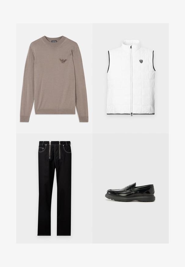 Hvid, ærmeløs, quiltet vest med opretstående krave, sort kant ved armhuler og kant, lynlås foran og lille EA7-logo på brystet.; Beige sweater med lange ærmer, rund hals, ribbede kanter og et broderet logo på brystet. lavet af et blødt, let stof.; Sorte bukser med lige ben, to lodrette lynlåse foran og hvide kontrastsømme på lommer og sømme.; Sort læderloafer med en blank finish, rund tå, subtile syninger og en tyk gummisål for holdbarhed.
