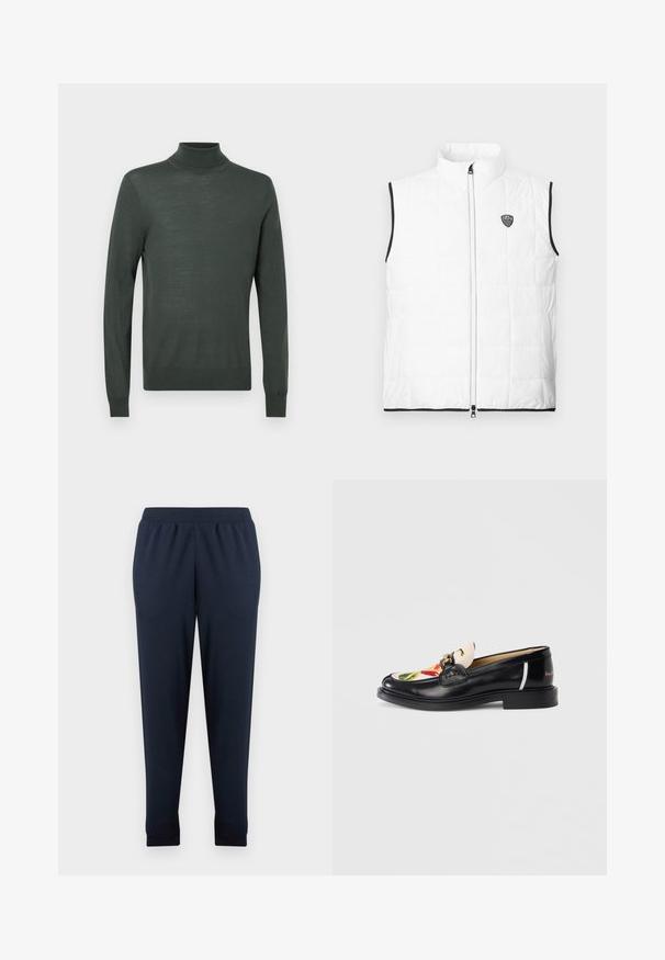 Hvid, ærmeløs, quiltet vest med opretstående krave, sort kant ved armhuler og kant, lynlås foran og lille EA7-logo på brystet.; Mørkegrøn turtleneck sweater lavet af blødt, let materiale. Har lange ærmer og en tætsiddende pasform med ribbede detaljer ved ærmekanterne og udskæringen.; Marineblå joggingbukser lavet af blødt bomuldsblandingsstof, med elastisk taljebånd og smalle manchetter ved anklerne.; Sort læderloafer med et cremefarvet, blomsterprintet tekstilforstykke. Har en dekorativ detalje i guldhardware og en lav, flad sål.