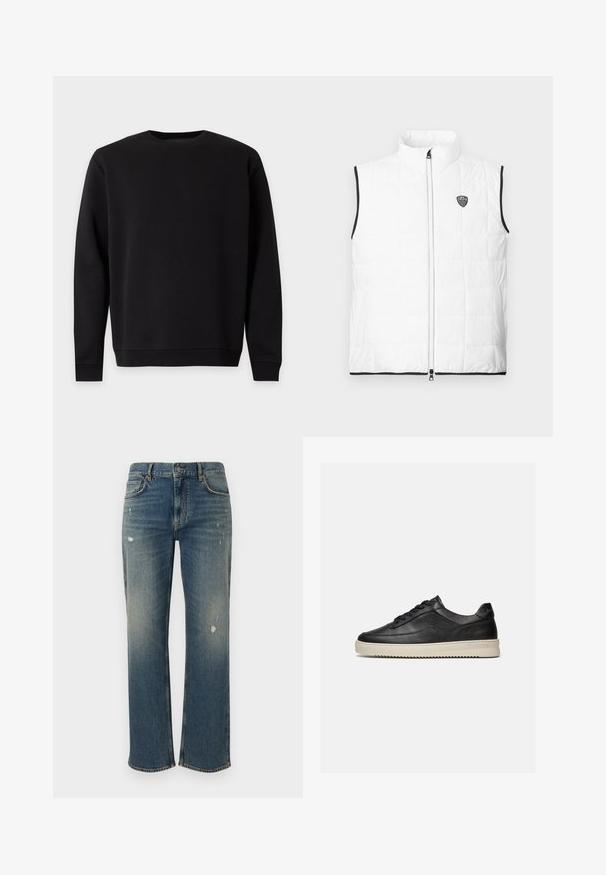 Veste matelassée blanche sans manches avec col montant, bordure noire aux emmanchures et à l'ourlet, fermeture éclair à l'avant et petit logo EA7 sur la poitrine.; Sweat-shirt noir à manches longues avec col rond, poignets et ourlet côtelés, présenté sur fond blanc.; Jeans en denim bleu moyen avec une coupe droite, présentant des décolorations légères et des patches usés. Design classique à cinq poches et fermeture par bouton supérieur.; Baskets basses en cuir noir avec des lacets noirs et une semelle en caoutchouc épaisse de couleur crème, présentées sur un fond blanc.