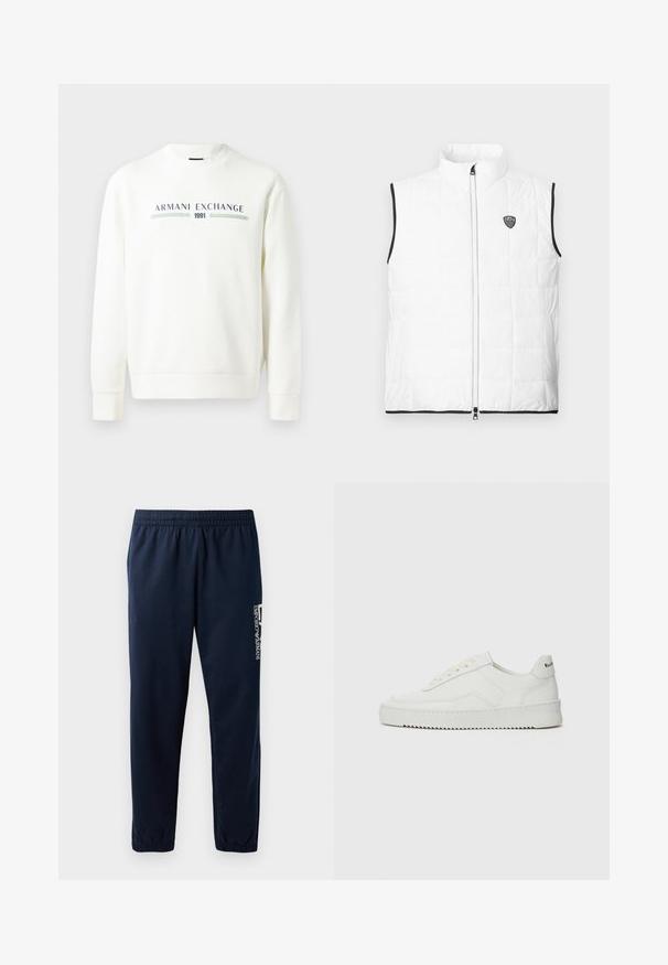 Veste matelassée blanche sans manches avec col montant, bordure noire aux emmanchures et à l'ourlet, fermeture éclair à l'avant et petit logo EA7 sur la poitrine.; Sweatshirt blanc avec col rond, manches longues et poignets côtelés. Présente un logo imprimé "Armani Exchange 1991" en bleu et vert.; Pantalons de survêtement bleu marine avec une taille élastique, des jambes fuselées et un logo blanc sur le côté. Tissu lisse avec une texture légère.; Baskets en cuir blanc avec une finition lisse, bout arrondi, lacets plats et semelle texturée. Présente un logo discret sur le talon.