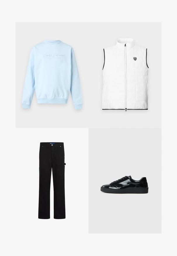Veste matelassée blanche sans manches avec col montant, bordure noire aux emmanchures et à l'ourlet, fermeture éclair à l'avant et petit logo EA7 sur la poitrine.; Sweat-shirt bleu clair à col rond, manches longues avec le texte "Carlo Colucci" subtilement brodé sur la poitrine.; Pantalons cargo noirs à coupe droite, avec deux poches avant, une poche arrière et des accents bleus sur le côté et la ceinture.; Baskets en cuir verni noir avec un bout arrondi, un laçage, une semelle en caoutchouc texturé et une finition lisse.