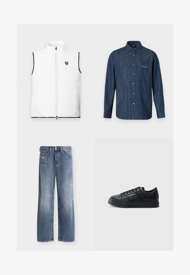 Veste matelassée blanche sans manches avec col montant, bordure noire aux emmanchures et à l'ourlet, fermeture éclair à l'avant et petit logo EA7 sur la poitrine.; Chemise en denim bleu foncé à manches longues avec boutons, poche poitrine ornée d'un logo brodé doré « Armani Exchange ».; Jean bleu droit avec légère usure aux deux jambes, poches avant, passants de ceinture et fermeture par bouton.; Baskets en cuir noir avec une finition lisse, bout arrondi, fermeture à lacets, col rembourré et accents latéraux texturés. Détail du logo subtil visible.