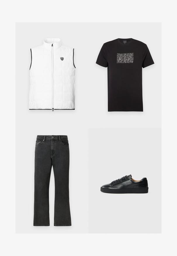 Hvid, ærmeløs, quiltet vest med opretstående krave, sort kant ved armhuler og kant, lynlås foran og lille EA7-logo på brystet.; Sort bomulds-t-shirt med korte ærmer, der har et hvidt geometrisk design i et rektangulært mønster på brystområdet. Rund halsudskæring.; Sorte denim jeans med lige ben, med en mellem taljehøjde, fem lommer og knaplukning. Diskret falmet tekstur over det hele.; Sorte lædersneakers med en glat overflade, rund tå og snørebåndslukning. Har en tyk gummisål og minimal branddetalje.