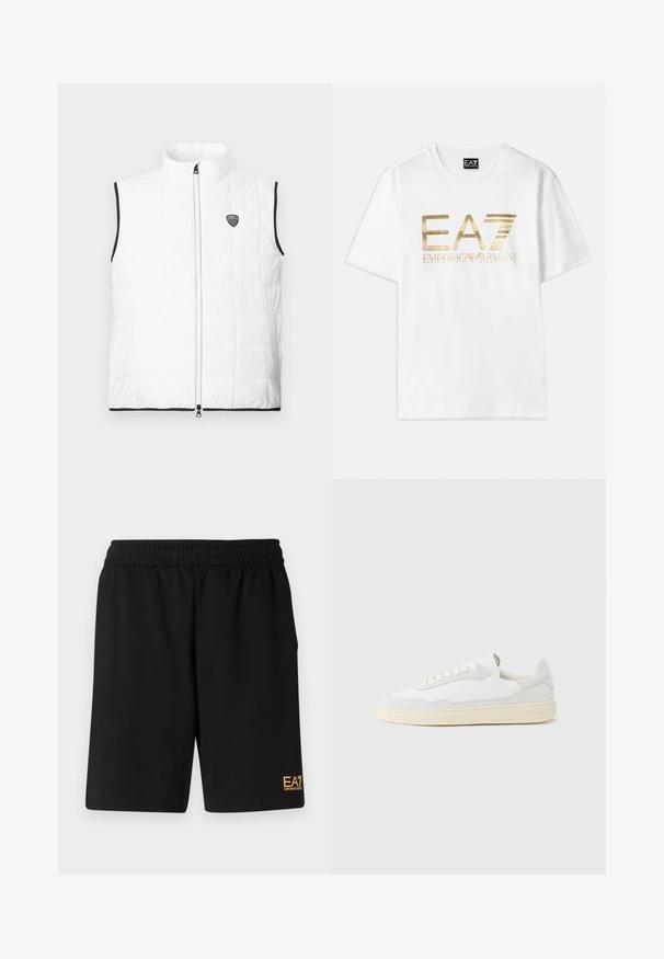 Hvid, ærmeløs, quiltet vest med opretstående krave, sort kant ved armhuler og kant, lynlås foran og lille EA7-logo på brystet.; Hvid bomulds t-shirt med et stort guldmetallic "EA7" logo og teksten "EMPORIO ARMANI" nedenunder, med korte ærmer og rund hals.; Sorte atletiske shorts lavet af blødt stof, med en elastisk talje og et lille gult EA7-logo nederst på venstre ben.; Hvid sneakers med en øvre del i tekstureret ruskind og læder. Har rundet tå, snørelukning og kontrasterende beige gummisål.