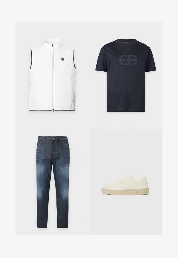 Hvid, ærmeløs, quiltet vest med opretstående krave, sort kant ved armhuler og kant, lynlås foran og lille EA7-logo på brystet.; Mørk marineblå T-shirt med korte ærmer, rund hals og diskret stort logo trykt midt foran.; Mørkeblå jeans med tætsiddende pasform, med falmede områder på lår og knæ, forlommer, bæltestropper og knaplukning ved taljen.; Hvide kanvas sneakers med en tekstureret gummisål, der har en syet tåhætte og logoaccent på hælen. Simpel snørebåndsdesign.
