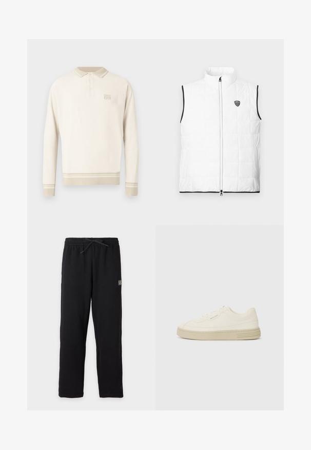 Hvid, ærmeløs, quiltet vest med opretstående krave, sort kant ved armhuler og kant, lynlås foran og lille EA7-logo på brystet.; Beige langærmet polo med tekstureret knit, knappet krave og striber ved kant og manchetter. Har diskret branding på brystet.; Sorte joggingbukser med elastisk talje og snøre, med et lille rektangulært EA7-logo på øvre venstre lår.; Hvide kanvas sneakers med en tekstureret gummisål, der har en syet tåhætte og logoaccent på hælen. Simpel snørebåndsdesign.