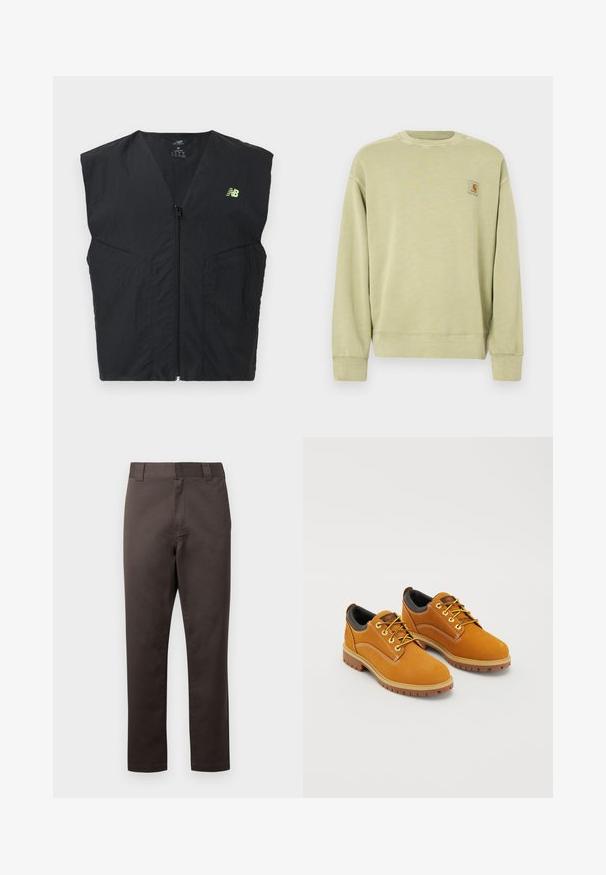 Veste sans manches noire avec fermeture éclair et petit logo New Balance jaune néon sur le côté gauche de la poitrine, en tissu léger.; Sweatshirt vert clair avec un col rond classique, des poignets côtelés et un petit patch logo rectangulaire sur le côté gauche de la poitrine. Tissu doux et texturé.; Chinos en coton marron avec une coupe droite, poches avant, passants pour ceinture, et une texture lisse. Aucun motif ou accent visible.; Chaussures en daim marron avec un bout rond, des lacets jaunes, un col rembourré noir et des semelles en caoutchouc avec des rainures de traction.