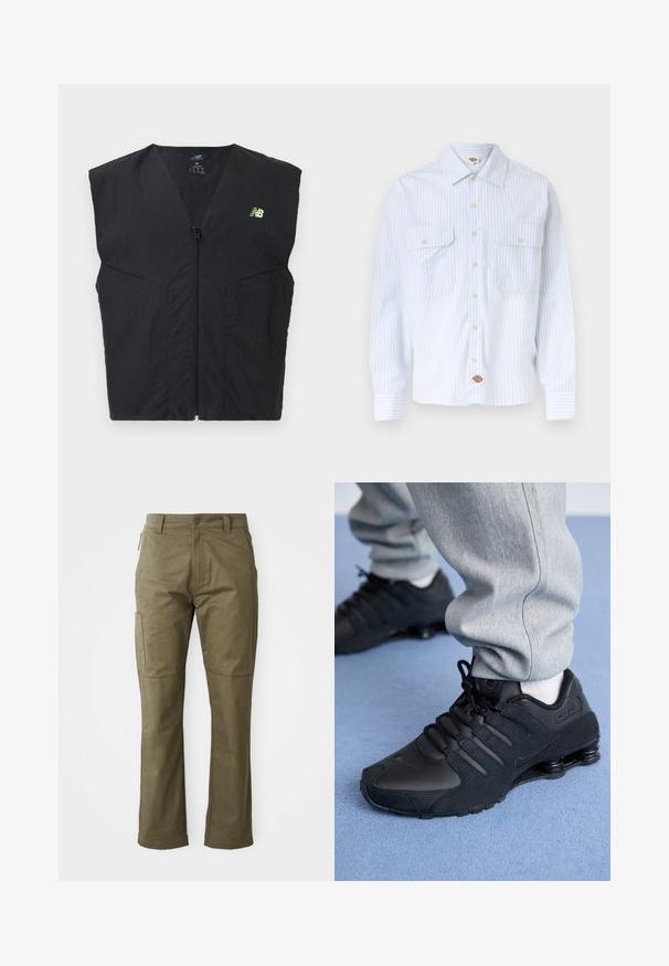 Schwarze ärmellose Weste mit Reißverschluss und kleinem neongelben New Balance Logo auf der linken Brust, aus leichtem Stoff gefertigt.; Weißes Hemd mit Knöpfen, feinen blauen vertikalen Streifen, zwei aufgesetzten Brusttaschen mit Knöpfen und einem kleinen Logo-Patch am unteren Saum.; Khaki Cargo-Hose aus strapazierfähigem Baumwollstoff, mit Seitentaschen, geradem Bein und Reißverschluss mit Knopfverschluss.; Person in schwarzen Nike Shox Sneakers und grauen Jogginghosen, der auf einem hellblauen Teppich steht.
