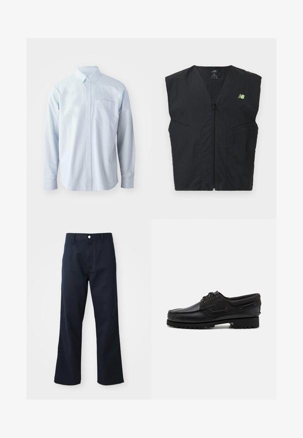 Zwarte mouwloze vest met ritssluiting en een klein neon geel New Balance-logo op de linkerborst, gemaakt van lichtgewicht stof.; Lichtblauw overhemd met lange mouwen gemaakt van katoen. Voorzien van een button-down kraag, knopen aan de voorkant en een borstzak aan de linkerkant.; Marineblauwe katoenen broeken met een rechte pijpenontwerp, voorzien van een rits en knoopsluiting, en voorzakken. Soepele textuur en nette afwerking.; Zwarte schoen met een leren bovenzijde, textiele accenten, ronde veters en een getextureerde rubberen zool. Voorzien van mocassin-stiksel en merkdetails.