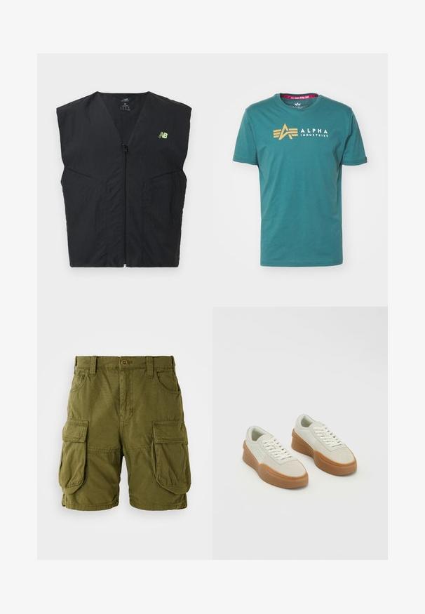 Chaleco sin mangas negro con cremallera y un pequeño logo de New Balance en neón amarillo en el lado izquierdo del pecho, hecho de tela ligera.; Camiseta de algodón color azul verdoso con mangas cortas. Presenta un logo dorado y el texto "ALPHA INDUSTRIES" en el frente. Cuello redondo clásico.; Pantalones cortos cargo color verde oliva, confeccionados en una mezcla de algodón. Cuentan con dos grandes bolsillos laterales y un cierre de botón con trabillas para cinturón. Textura suave.; Lacoste AURA CLUB - Zapatillas - off white