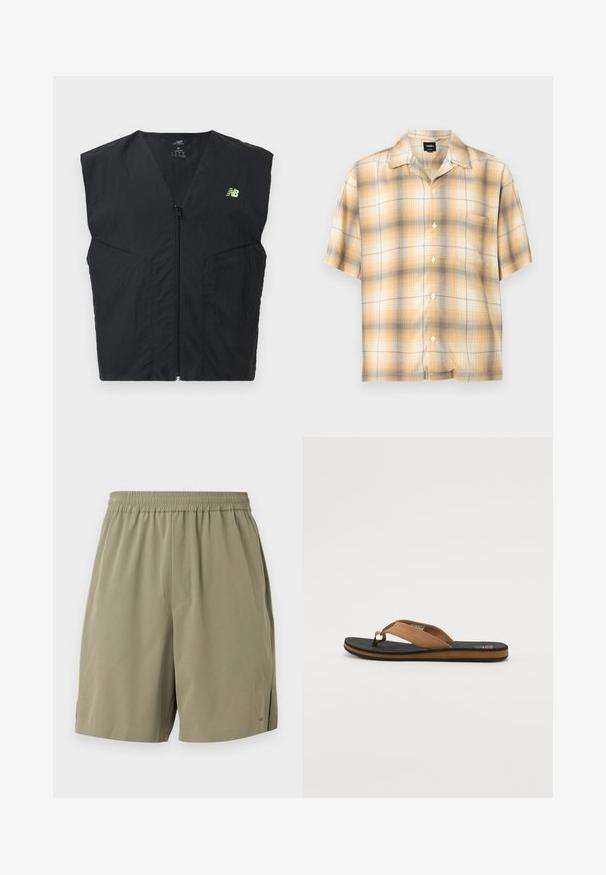 Schwarze ärmellose Weste mit Reißverschluss und kleinem neongelben New Balance Logo auf der linken Brust, aus leichtem Stoff gefertigt.; Kurzärmeliges Hemd zum Knöpfen mit kariertem Muster in Gelb, Beige und Braun sowie einer einzelnen Brusttasche, flach auf weißem Hintergrund liegend.; Khakifarbene Shorts aus leichtem Stoff mit elastischem Bund, seitlichen Taschen und einem schlanken Design für Komfort.; Braune Flip-Flops mit einer strukturierten schwarzen Gummisohle, ausgestattet mit einem glatten Wildlederriemen und minimalistischem Design. Die Farbe des Randes kontrastiert mit der Sohle.