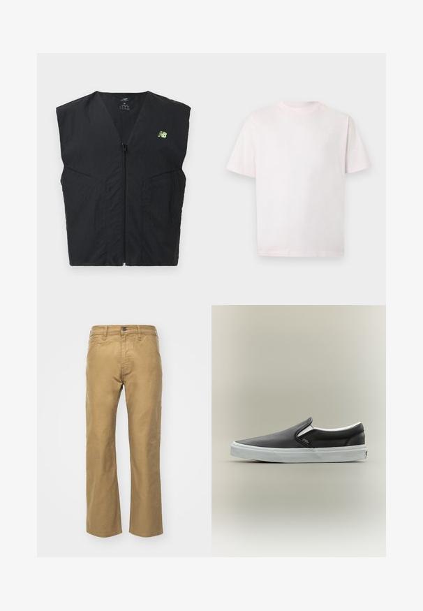 Schwarze ärmellose Weste mit Reißverschluss und kleinem neongelben New Balance Logo auf der linken Brust, aus leichtem Stoff gefertigt.; Schlichtes hellrosa T-Shirt mit kurzen Ärmeln und Rundhalsausschnitt, mit kleinem weißem Logo auf der linken Brust, vor grauem Hintergrund präsentiert.; Khakihosen aus Baumwolle. Gerader Schnitt mit einem Bund und Fronttaschen. Verfügt über eine einzelne Gesäßtasche und subtile Nähdetails.; Schwarzer Vans Slip-On-Schuh mit weißer Gummisohle und kleinem Logofähnchen, im Profil auf neutralem Hintergrund dargestellt.