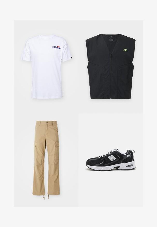 Schwarze ärmellose Weste mit Reißverschluss und kleinem neongelben New Balance Logo auf der linken Brust, aus leichtem Stoff gefertigt.; Weißes Baumwoll-T-Shirt mit kurzen Ärmeln, das ein marineblaues gesticktes Logo auf der linken Brust und einen lebhaften Farbakzent über dem Logo präsentiert.; Khakifarbene Cargo-Hosen aus strapazierfähigem Material, mit mehreren Seitentaschen, geradem Bein-Design und verstellbaren Kordeln am Saum.; Schwarze und graue Sportschuhe mit Obermaterial aus Mesh und Wildleder, ausgestattet mit einer weißen Zwischensohle, Schnürsenkeln und einem markanten "N"-Logo an der Seite.