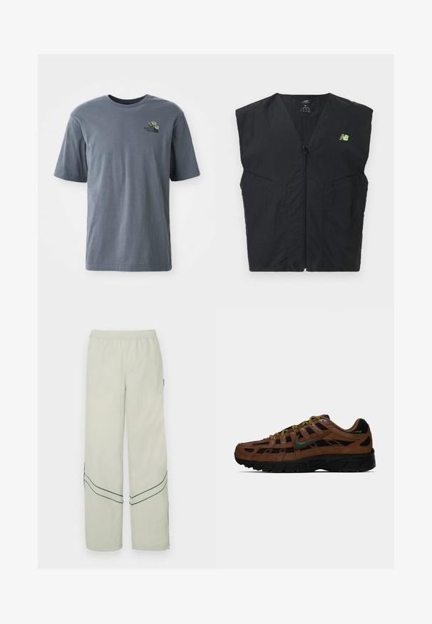 Zwarte mouwloze vest met ritssluiting en een klein neon geel New Balance-logo op de linkerborst, gemaakt van lichtgewicht stof.; Grijze t-shirt met korte mouwen van katoen, voorzien van een klein geborduurd logo en bloemenpatroon op de linkerborst.; Lichtgroene, loszittende broek met een elastische tailleband, met donker groene diagonale lijnen en een eenvoudig ontwerp. Gladde, lichte stof.; Bruine en zwarte lage sneakers met groene Nike swoosh, gele en zwarte veters en zwarte zool, zijaanzicht op een effen achtergrond.