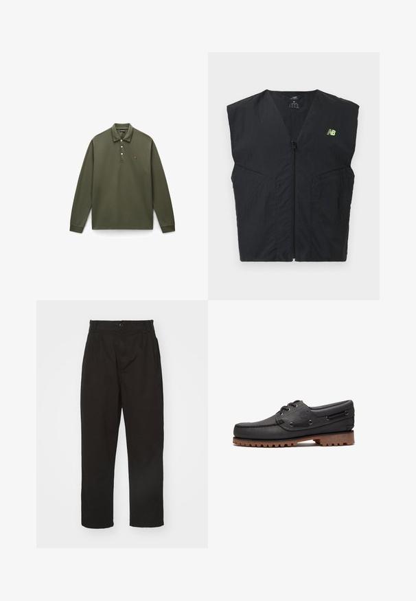 Schwarze ärmellose Weste mit Reißverschluss und kleinem neongelben New Balance Logo auf der linken Brust, aus leichtem Stoff gefertigt.; Olivegrünes Langarm-Polohemd aus Baumwolle mit einer Knopfleiste mit drei Knöpfen, gerippten Bündchen und einem kleinen gestickten Logo auf der Brust.; Schwarze Hose aus glattem Stoff, mit Knopfverschluss, geradem Schnitt und zwei vorderen Falten für zusätzlichen Detail.; Schwarzes Bootsschuh aus Leder mit Schnürdetails, rundem Zehenbereich, strukturierter brauner Gummisohle und genähten Lederseiten.