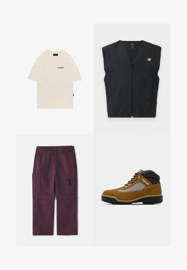 Veste sans manches noire avec fermeture éclair et petit logo New Balance jaune néon sur le côté gauche de la poitrine, en tissu léger.; T-shirt en coton beige avec un col rond, au design surdimensionné, et un logo imprimé noir sur la poitrine gauche. Manches courtes à coupe droite.; Pantalons cargo convertibles bordeaux avec poche zippée sur le côté et logo Timberland sur la jambe droite, avec entrejambe allongé montré.; Botte de randonnée marron avec des accents gris et noirs, tige en cuir texturé, œillets en métal et semelle en caoutchouc robuste pour une meilleure traction.