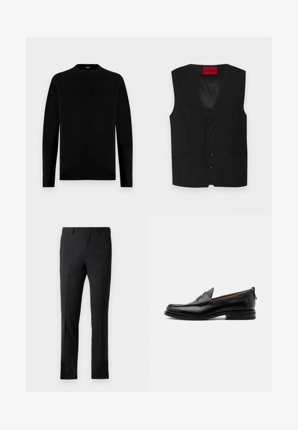 Chaleco negro con diseño de cuello en V, cierre de cinco botones y dos bolsillos frontales. Hecho de una tela suave con una apariencia elegante y entallada.; Sudadera negra de manga larga con cuello redondo, de diseño sencillo y sólido, con una pequeña etiqueta de la marca en el interior del cuello.; Pantalones negros con un corte ajustado, que presentan un frente plano, dos pliegues, pasadores para cinturón y una textura suave. Sin patrones ni accesorios visibles.; Mocasín de hombre de piel negra con costura moc toe, tira penny, cuello texturizado y tacón bajo apilado sobre fondo blanco.