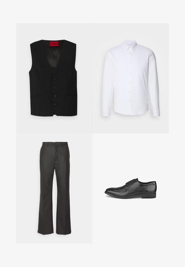 Gilet noir avec un col en V, fermeture à cinq boutons et deux poches avant. Fabriqué en tissu lisse avec un aspect élégant et ajusté.; Chemise blanche à manches longues avec boutons, fabriquée dans un tissu lisse, dotée d'un col classique, de huit boutons sur le devant et de poignets standards.; forét Pantalon classique - dark grey; Chaussure habillée pour homme en cuir noir avec lacets, talon bas et finition lisse et brillante, vue du côté extérieur.