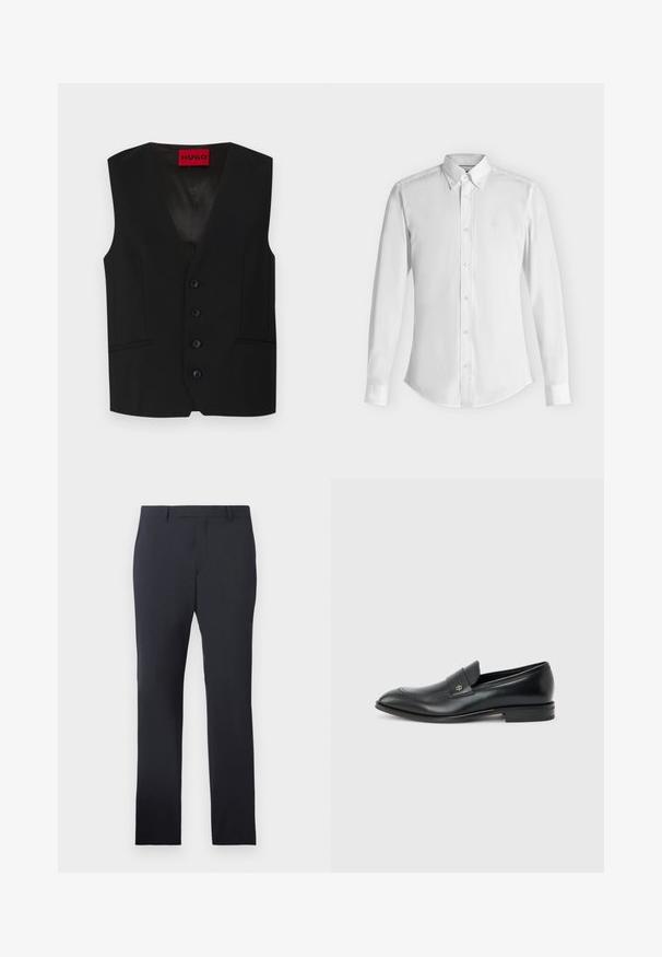 Sort vest med V-hals, fem knaplukninger og to frontlommer. Lavet af glat stof med et elegant, skræddersyet udseende.; Hvid langærmet skjorte med knapper, spids krave og knapped manchet, lagt fladt på en lys baggrund.; Marine formelle bukser lavet af glat stof. Har en flad front, bæltesløjfer og sidelommer, med en skræddersyet lige pasform.; Sort læder herre loafer med lav hæl, rund tå og lille metallisk logo på remmen, vist i sideprofil på ensfarvet baggrund.