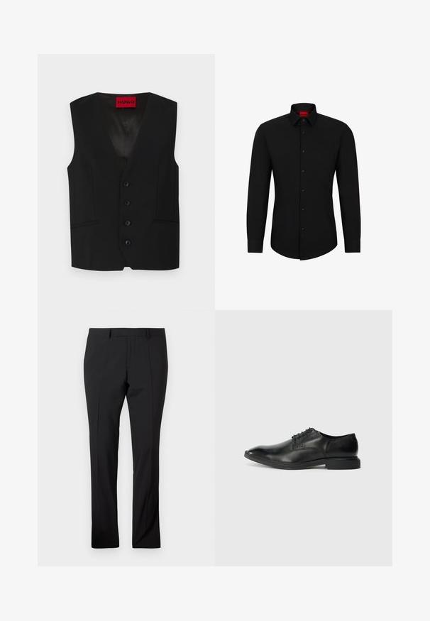 Čierny vest s výstrihom do V, zapínaním na päť gombíkov a dvoma prednými vreckami. Vyrobený z hladkej tkaniny s elegantným, prispôsobeným vzhľadom.; Čierna košeľa s dlhým rukávom a zapínaním na gombíky, klasickým golierom a zaobleným lemom; obsahuje čierne gombíky a červené logo vo vnútri goliera.; Čierne priliehavé nohavice s pútkami na opasok, predným záhybom a rovnými nohavicami na jednoduchom bielom pozadí.; Čierne kožené šaty s hladkou textúrou, špicatou špičkou, šesť očkami na šnurovanie a nízkym obdĺžnikovým podpätkom. Diskrétny branding na boku.