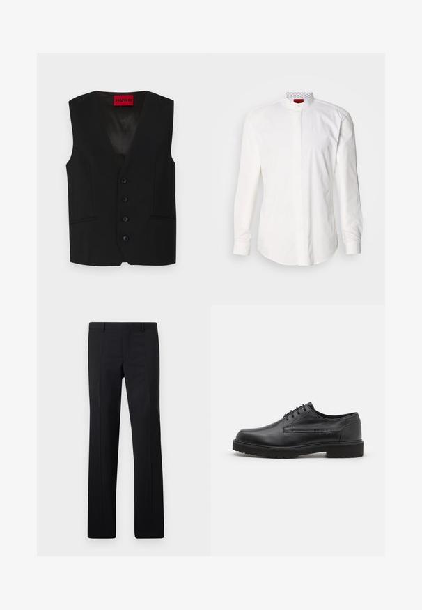 Schwarze Weste mit V-Ausschnitt, fünf Knöpfen und zwei aufgesetzten Taschen. Hergestellt aus glattem Stoff mit einem eleganten, maßgeschneiderten Erscheinungsbild.; Weißes Langarmhemd mit hohem Kragen, aus Baumwolle. Verfügt über eine durchgehende Knopfleiste, minimalistisches Design und dezente Markenkennzeichnung am inneren Kragen.; Schwarze maßgeschneiderte Hose mit geradem Schnitt, scharfen Falten und glatter Oberfläche. Hergestellt aus leichtem Stoff mit einem sauberen Bund.; Schwarzer Lederschuh mit abgerundeter Zehenpartie, glatter Oberfläche und minimaler Nahtführung. Verfügt über eine Schnürverschluss und eine dicke, strukturierte Gummisohle.