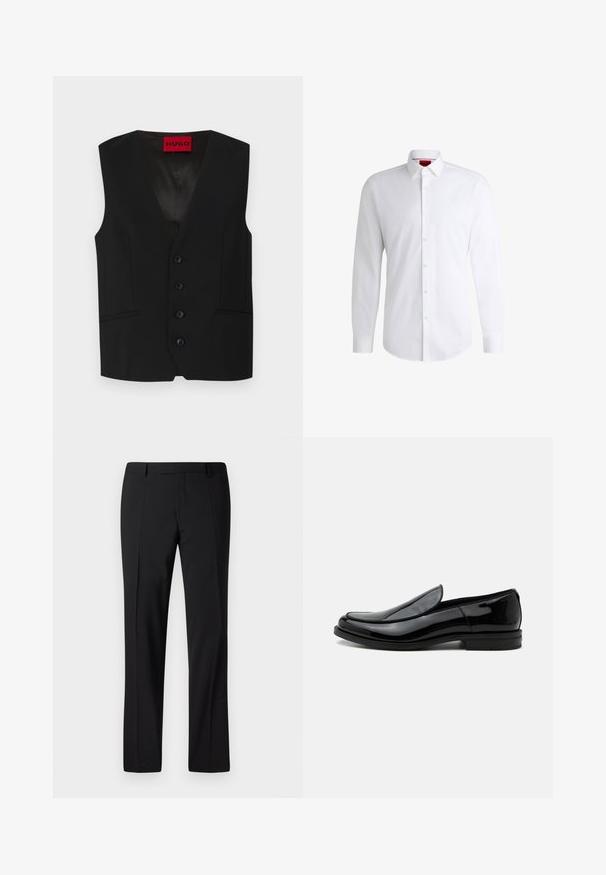 Čierny vest s výstrihom do V, zapínaním na päť gombíkov a dvoma prednými vreckami. Vyrobený z hladkej tkaniny s elegantným, prispôsobeným vzhľadom.; Biela košeľa na gombíky vyrobená z hladkej látky s klasickým golierom, dlhými rukávmi a zaobleným lemom. Má béžové gombíky na prednej strane.; Čierne prispôsobené nohavice so strihom rovného nohy, s hladkou textúrou, preloženým predným dielom a klasickým pásom pre formálny vzhľad.; Čierna lesklá kožená spoločenská obuv na nízkom podpätku s zaoblenou špičkou, pohľad zboku na bielom pozadí.