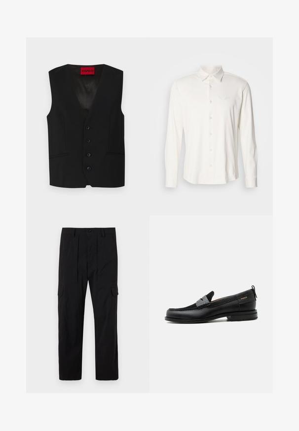 Chaleco negro con diseño de cuello en V, cierre de cinco botones y dos bolsillos frontales. Hecho de una tela suave con una apariencia elegante y entallada.; Camisa blanca de manga larga confeccionada con tela suave, que presenta un cuello abotonado y un logo bordado en el pecho. Textura suave, diseño clásico.; Pantalones cargo negros hechos de tejido ligero, con un diseño de pierna recta, pliegues delanteros, bolsillos laterales y cierre de botón.; Mocasín de cuero negro con detalle de tira gris, tacón bajo y suela texturizada, con la marca "HUGO" en oro en el lateral.