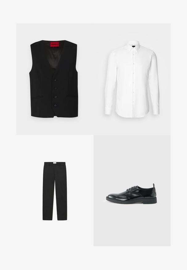 Gilet noir avec un col en V, fermeture à cinq boutons et deux poches avant. Fabriqué en tissu lisse avec un aspect élégant et ajusté.; Chemise blanche à manches longues, boutonnée sur le devant, col classique, fabriquée en tissu lisse avec une texture subtile, conçue pour une coupe ajustée.; Pantalons noirs avec une coupe droite, fabriqués dans un tissu à texture lisse, dotés de deux poches avant et d'une taille standard.; Chaussure habillée en cuir noir brillant avec un petit talon, fermeture à lacets et bout rond, vue de côté sur un fond uni et clair.
