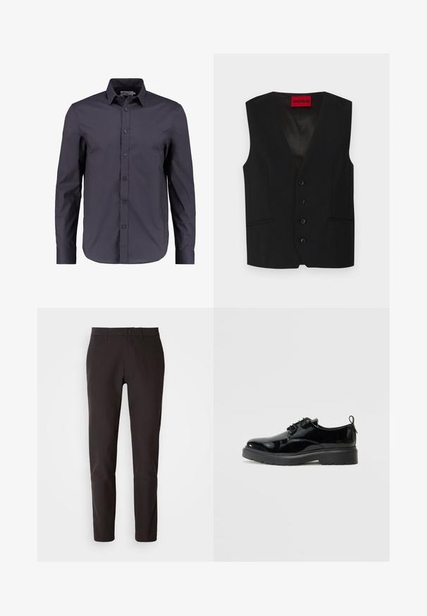 Sort vest med V-hals, fem knaplukninger og to frontlommer. Lavet af glat stof med et elegant, skræddersyet udseende.; Mørk navy blå langærmet skjorte lavet af glat bomuld, med knaplukning fortil, klassisk krave og en skræddersyet pasform.; Sorte bukser lavet af glat stof, med lige snit, standard linning med knaplukning og uden synlige lommer eller mønstre.; Sorte lakerede snørebåndssko med tykk gummisål og hælflap, vist fra indersiden på en hvid baggrund.