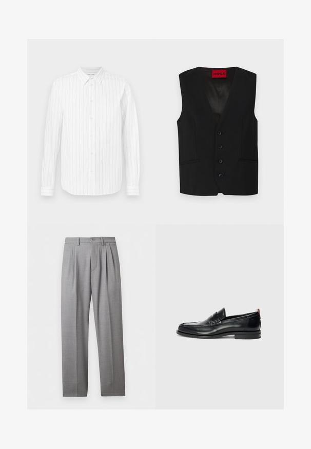 Gilet noir avec un col en V, fermeture à cinq boutons et deux poches avant. Fabriqué en tissu lisse avec un aspect élégant et ajusté.; Chemise blanche à manches longues avec des rayures verticales grises, col boutonné, boutons sur le devant et manches à poignets. Texture de tissu lisse.; Pantalon formel gris clair avec passants de ceinture, fermeture à bouton, plis devant et jambes droites sur fond blanc.; Mocassins en cuir noir au design élégant, à bout arrondi, avec une texture sur le devant et une semelle en caoutchouc pour une meilleure adhérence. Équipés d'une tirette à l'arrière.