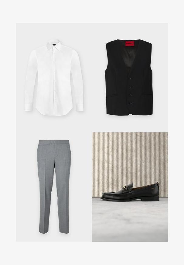 Chaleco negro con diseño de cuello en V, cierre de cinco botones y dos bolsillos frontales. Hecho de una tela suave con una apariencia elegante y entallada.; Camisa blanca de vestir de manga larga con botones y cuello puntiagudo, colocada perfectamente plana sobre un fondo gris claro.; Pantalones grises a medida hechos de una tela texturizada, con un diseño de frente plano, trabillas para cinturón y dos bolsillos laterales. Diseño de pierna recta.; Mocasín de cuero negro con pieza metálica dorada y logotipo "HUGO", exhibido sobre una alfombra beige y muebles translúcidos marrones.