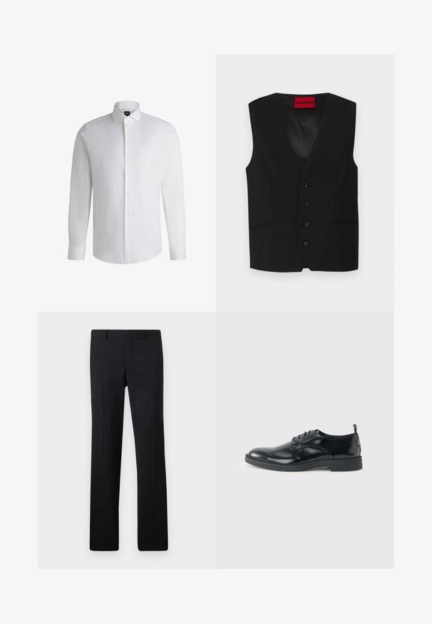 Schwarze Weste mit V-Ausschnitt, fünf Knöpfen und zwei aufgesetzten Taschen. Hergestellt aus glattem Stoff mit einem eleganten, maßgeschneiderten Erscheinungsbild.; Weißes Langarmhemd aus glattem Baumwollstoff, mit klassischem Kragen, durchgehender Knopfleiste und geknöpften Manschetten. Minimalistisches Design.; Schwarze maßgeschneiderte Hose mit geradem Schnitt, scharfen Falten und glatter Oberfläche. Hergestellt aus leichtem Stoff mit einem sauberen Bund.; Glänzender schwarzer Lederschuh mit niedrigem Absatz, Schnürverschluss und runder Kappe, seitlich auf hellem, schlichten Hintergrund gezeigt.