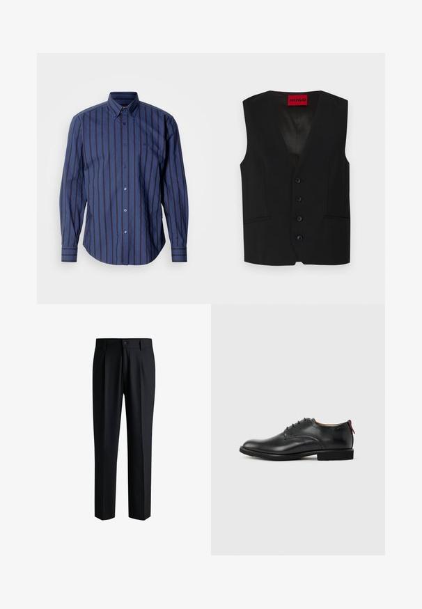 Gilet noir avec un col en V, fermeture à cinq boutons et deux poches avant. Fabriqué en tissu lisse avec un aspect élégant et ajusté.; Chemise à manches longues bleu marine avec rayures verticales, col boutonné et logo subtil. Présente un ourlet arrondi et des accents de boutons.; Pantalons noirs en tissu lisse, avec une coupe droite, des plis à l'avant et une fermeture à bouton avec passants de ceinture.; Chaussure habillée pour homme en cuir noir, à lacets sur l'avant, avec une languette rouge au talon, sur fond uni.