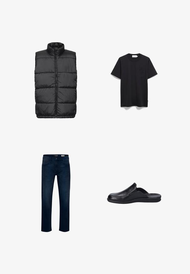 Schwarze gepolsterte Weste mit hohem Kragen, vorderem Reißverschluss und gestepptem Design. Sie verfügt über eine glatte Textur und einen elastischen Saum. Geeignet zum Layering.; Schwarzes Baumwoll-T-Shirt mit kurzen Ärmeln, rundem Ausschnitt und einer Brusttasche. Glatte Textur, keine sichtbaren Muster, minimalistisches Design.; Dunkelblaue Denim-Jeans mit geradem Schnitt, ausgestattet mit einer Vorderseite-Tasche, dezenten Ziernähten und einem Reißverschluss vorne.; Schwarzer Slipper aus Leder mit glatter Oberfläche, runder Zehenpartie und flexibler Gummisohle. Minimalistisches Design ohne Beschläge.