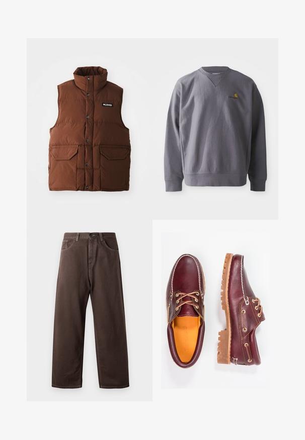 Gilet matelassé marron avec col haut, boutons-pression et deux poches avant. Fabriqué en tissu matelassé pour l'isolation. Logo de la marque affiché sur la poitrine.; Sweatshirt gris avec un col rond, des poignets et un ourlet côtelés. Présente un logo brodé jaune et rouge sur la poitrine. Fabriqué en tissu doux.; Pantalons larges marron en coton, avec un design classique à cinq poches, une fermeture éclair et des détails de couture visibles.; Chaussures en cuir bourgogne avec semelles en caoutchouc marron, bout rond, couture blanche et œillets dorés. L'intérieur présente une doublure jaune.