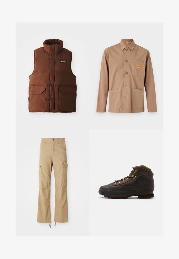 Braune Steppweste mit hohem Kragen, Druckknöpfen und zwei vorderen Taschen. Hergestellt aus gestepptem Stoff für Isolierung. Markenlogo auf der Brust angebracht.; Beige langärmelige Jacke mit Knopfleiste, Kragen, drei Fronttaschen und kleinem orangefarbenem Aufnäher auf der Brusttasche.; Khakifarbene Cargo-Hosen aus strapazierfähigem Material, mit mehreren Seitentaschen, geradem Bein-Design und verstellbaren Kordeln am Saum.; Brauner Leder-Wanderschuh mit grünem Stoffkragen. Besitzt Metall-Schnürhaken, Gummisohle und strukturiertes Profil für besseren Halt.